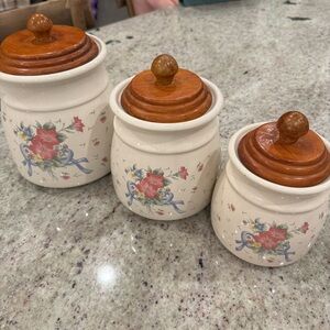 Vintage Floral Ceramic Canister Set with Wooden Lids pink flowers blue bows